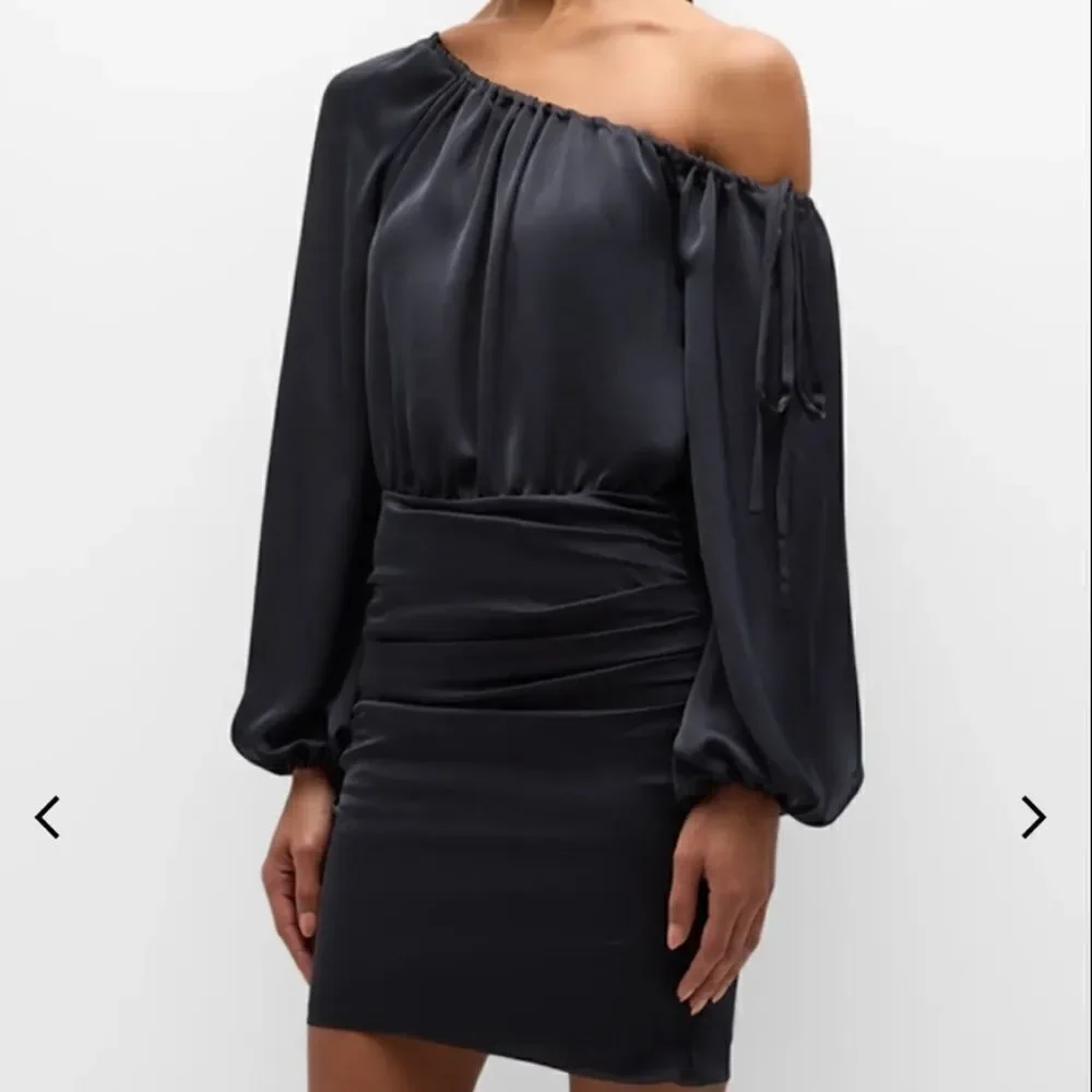 RAMY BROOK Louisa Long Sleeve Black One Shoulder Satin Mini Cocktail Dress Siz 4